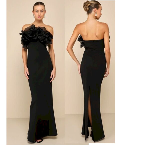 Lulus Evening Excellence Black Ruffled Strapless Mermaid Maxi Dress Large New - Picture 1 of 5